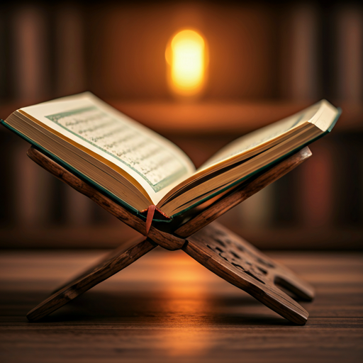 An open Quran on a wooden stand.